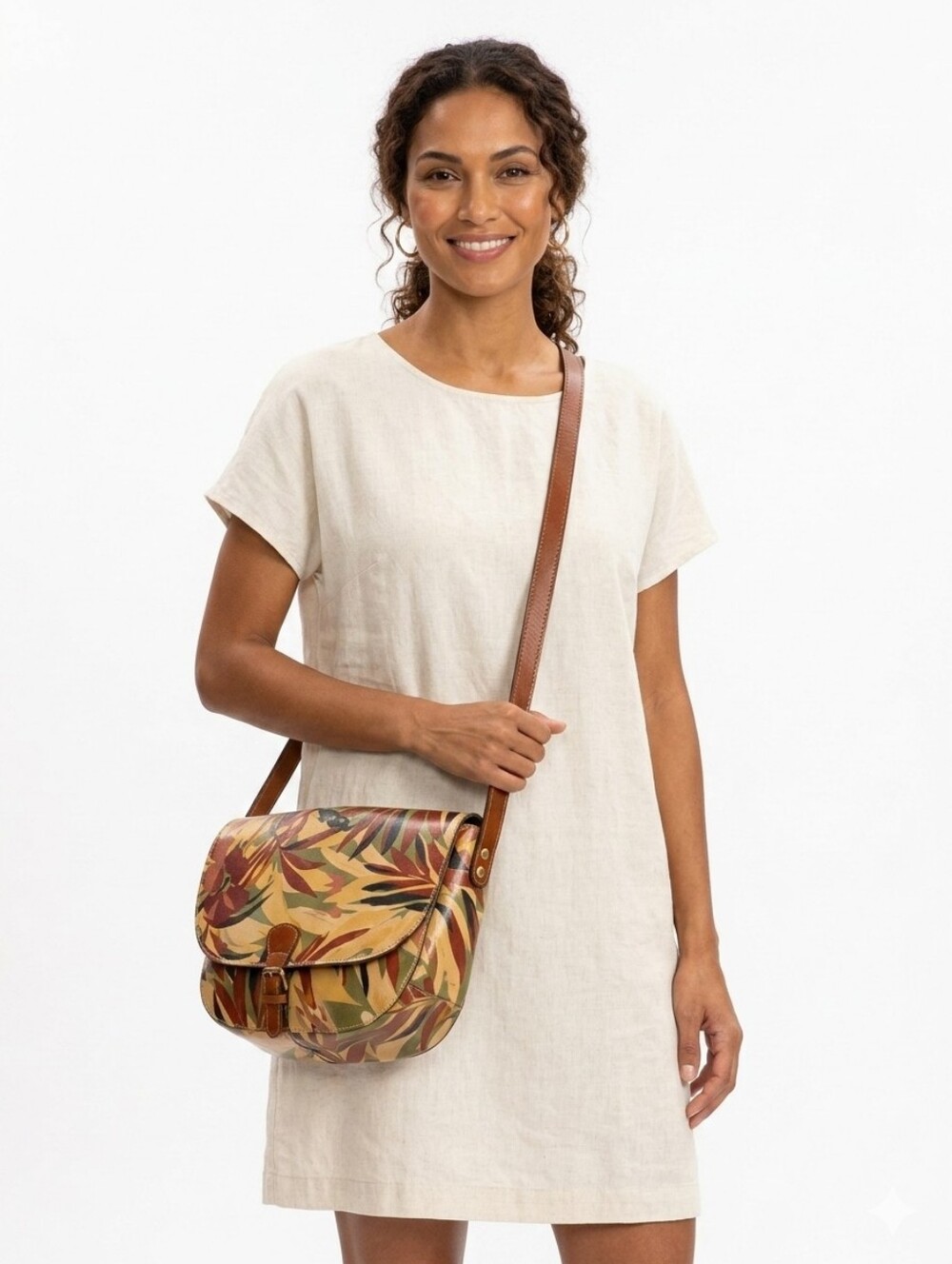 Patricia Nash Rosolini Leather Saddle Bag Satchel Crossbody~Tropical Leaf Print
